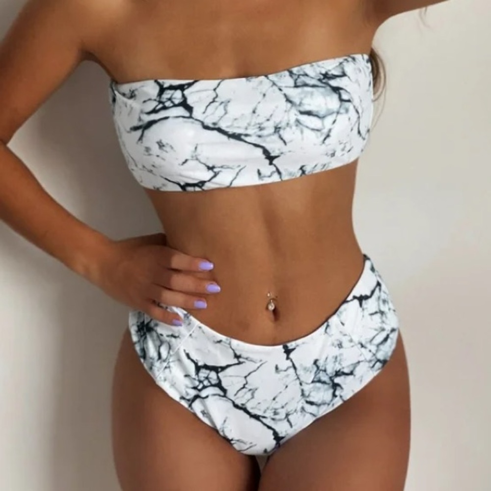 Zaful white marble bandeau bikini set